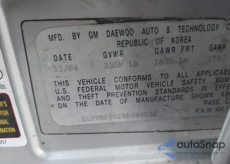 2005 Chevrolet Aveo Ls z USA, uszkodzony, nr VIN KL1TD52615B346528